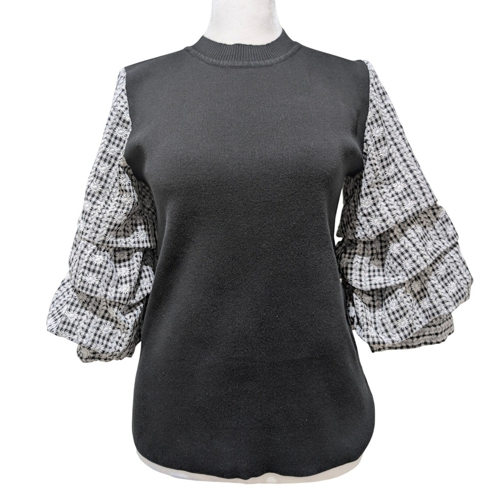 Gracia Black Gingham Floral Embroidered Tiered Puff Sleeve Knit Sweater Medium